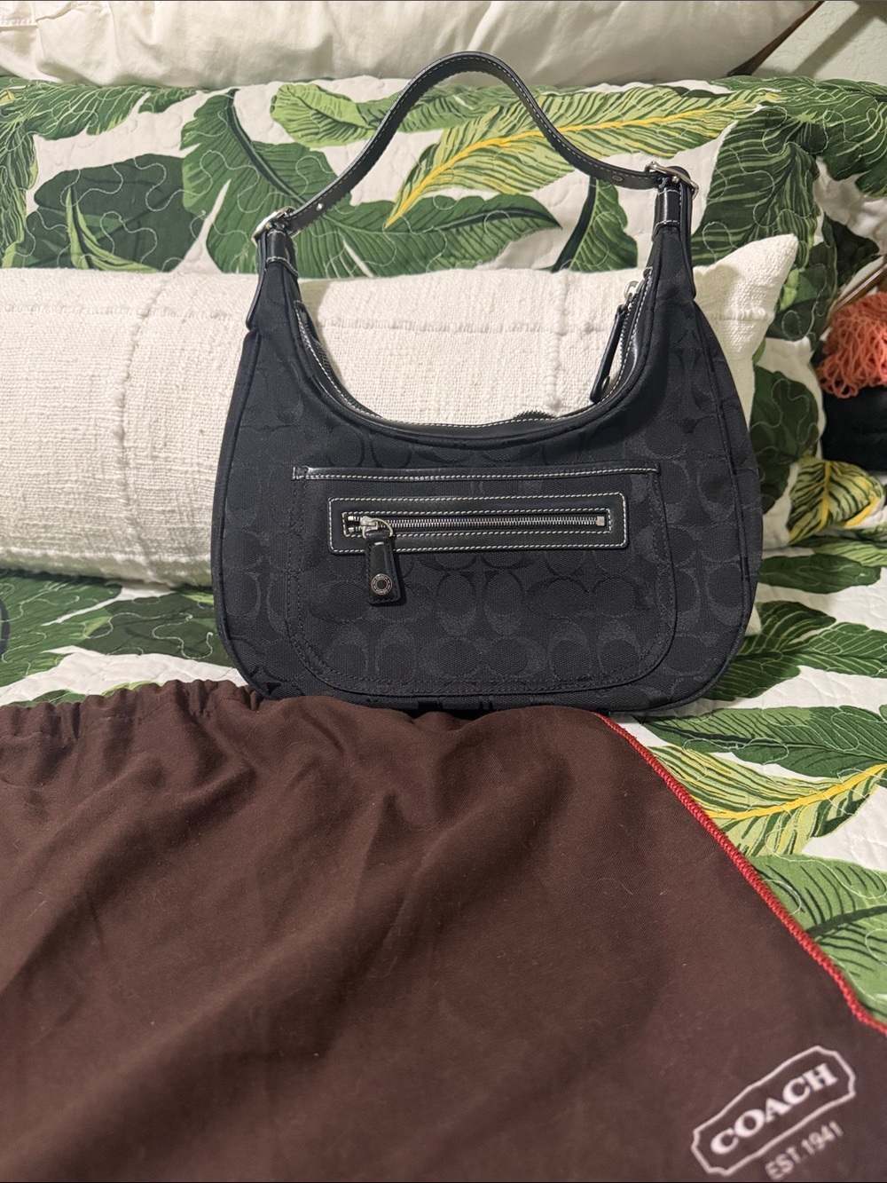 Vintage Coach Black Signature Jacquard Hobo Shoulder Bag